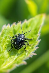 Fototapeta premium Close Up of a Black and White Spotted Beetle Crawling on Fresh Green Leaf : Generative AI