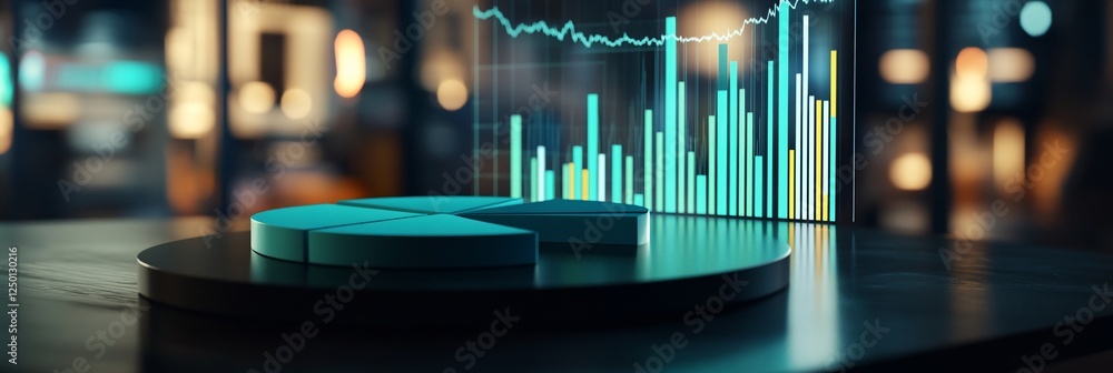 Aufkleber 3d pie chart and bar graph on a dark surface with blurred city background.