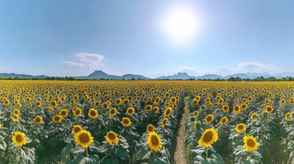 Obraz premium A vibrant sunflower field under a clear blue sky, showcasing nature's beauty.