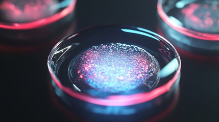 glowing petri dish containing artificial cells showcases advancements in nanotechnology and biology, highlighting intricate details of cellular structures under laboratory conditions