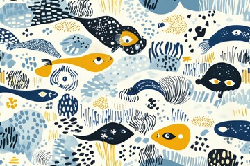 Fototapeta premium Colorful Underwater Scene with Abstract Fish and Sea Life in Various Patterns