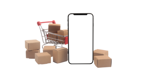 E-commerce growth online shopping mobile devices retail environment front view package delivery concept