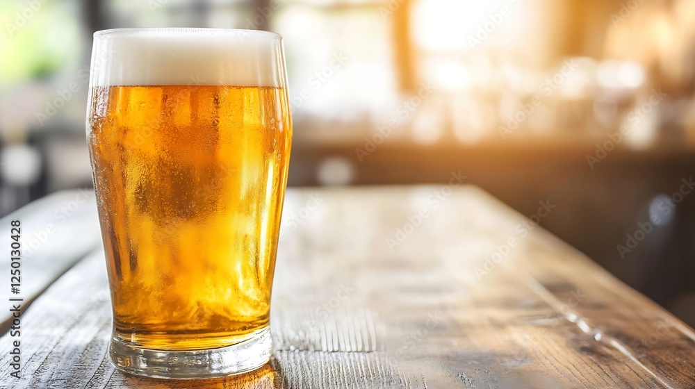 Aufkleber Refreshing Glass of Beer on Wooden Table with Soft Sunlight Creating Relaxing Atmosphere : Generative AI