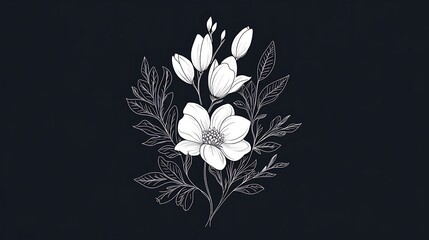 Elegant Line Art Magnolia Flower Illustration on Dark Background AI Generated