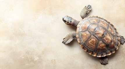Obraz premium A turtle viewed from above on a beige surface