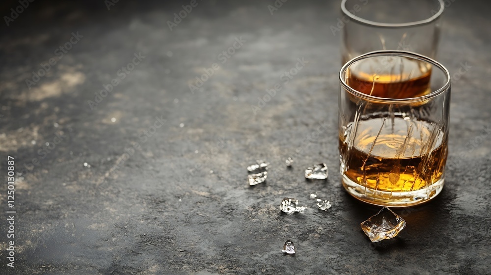 Poster two glasses of whiskey with ice on a moody dark surface ready for a drink : generative ai