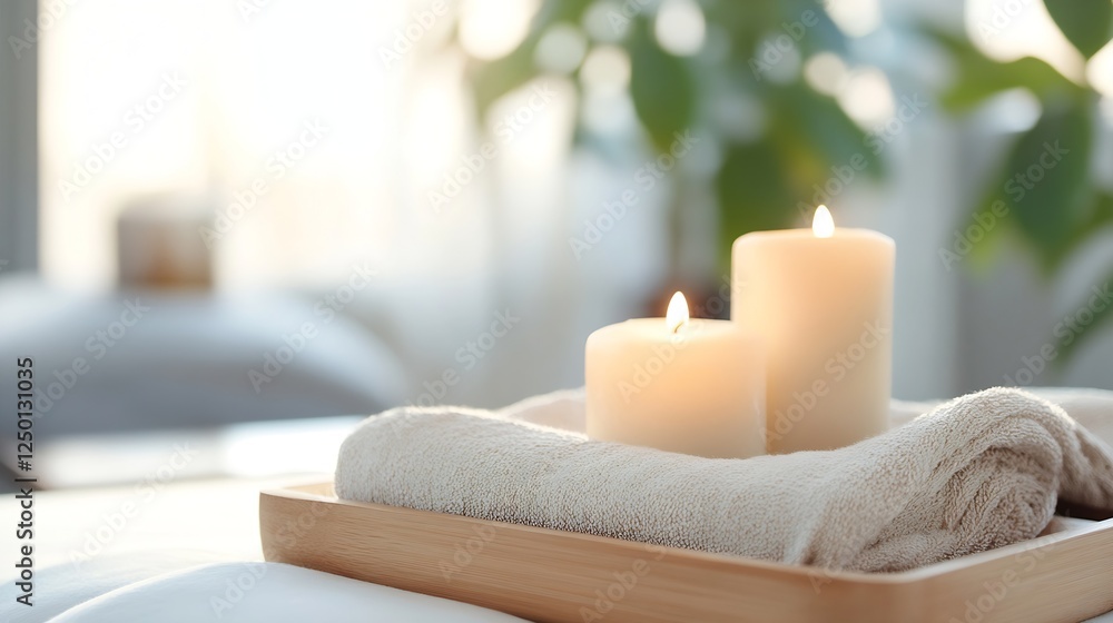 Aufkleber Relaxing Spa Setting with Candles and Soft Towel for Self Care : Generative AI