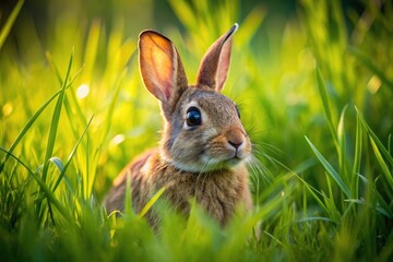 Fototapeta premium Wild rabbit camouflaged in lush meadow grass, a captivating wildlife photo.