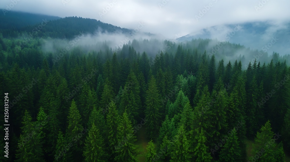 Poster aerial view of lush evergreen forest covered in morning fog and mist : generative ai