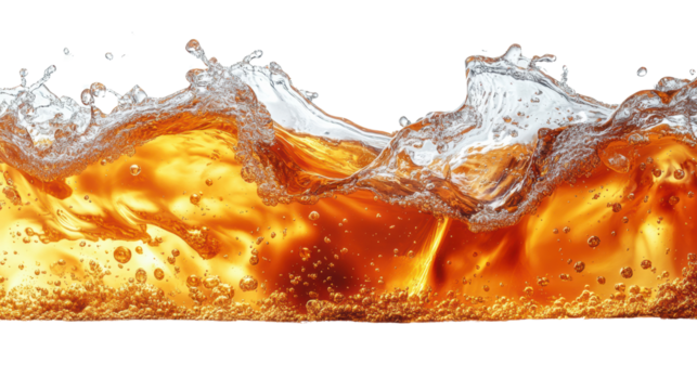 Close-up view of fizzy liquid splashing in a clear glass, capturing the vibrant colors and bubbles, perfect for beverage advertising or lifestyle imagery.