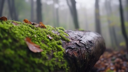 Fototapeta premium Close up of moss covered log in a foggy forest with blurred background : Generative AI