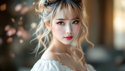 Fototapeta premium Stunning Asian Woman Portrait Soft Makeup Elegant Hairstyle