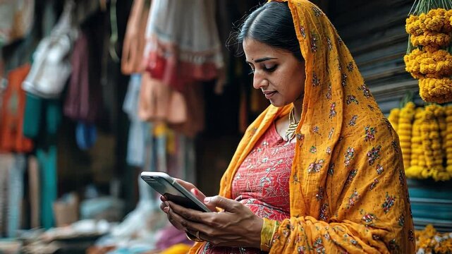A pregnant person in a bustling city in India, using an AI-driven app to navigate prenatal care with culturally relevant advice and growth tracking features.