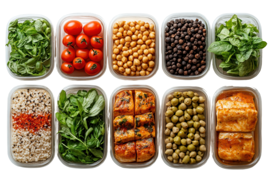 Colorful and nutritious meal prep containers filled with fresh vegetables, grains, and proteins, ready for healthy eating and convenience.