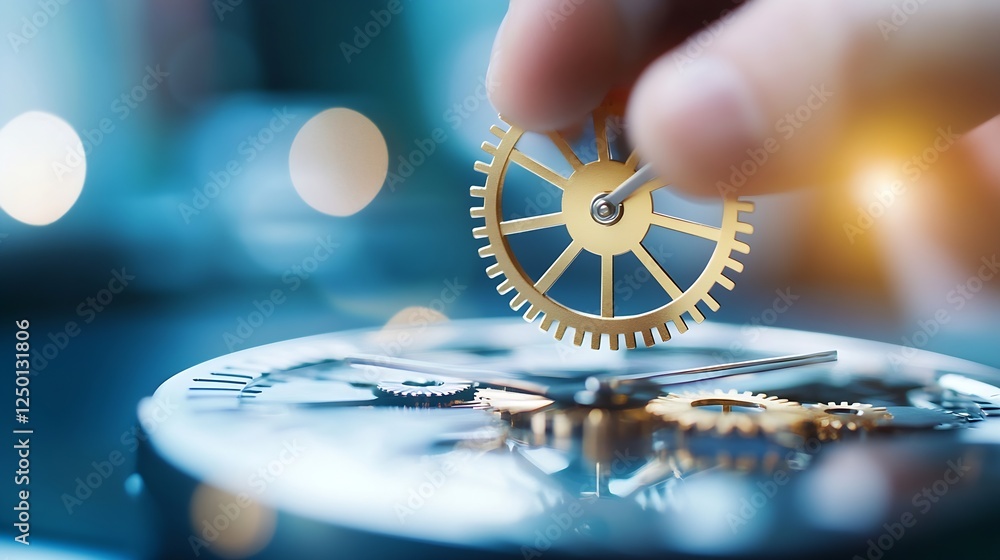 Leinwandbilder close up of a hand placing a golden gear on a watch mechanism for precision engineering and craftsma