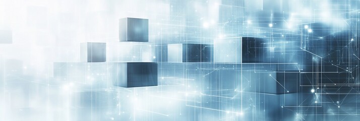 Abstract blue and white digital cubes interconnected, representing data network or technology.