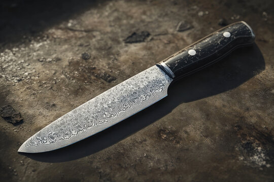 A knife with an intricate pattern on the blade, gleaming under soft lighting.