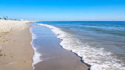 Obraz premium Tranquil Serene Beach Shoreline Under Clear Blue Sky and Gentle Waves : Generative AI
