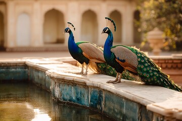 Obraz premium Two peacocks perched on a fountain's edge, basking in the golden hour sunlight near a historic building.