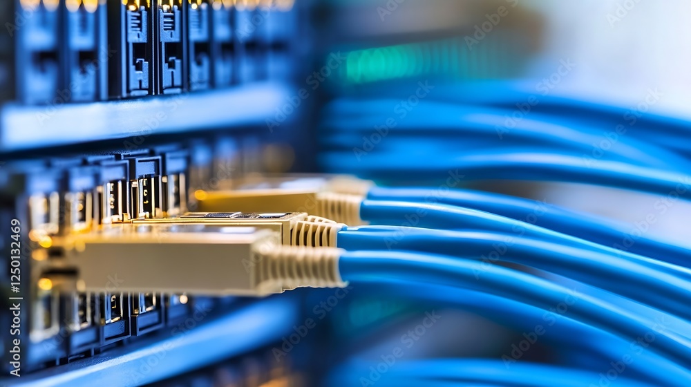 Poster High Tech Network Switch with Blue Ethernet Cables Connected for Data Transmission : Generative AI