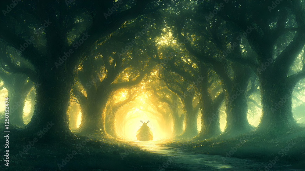 Poster mystical forest path with glowing trees