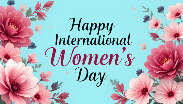 A vibrant floral arrangement featuring pink and red blossoms surrounding text celebrating International Women's Day. The elegant typography and artistry convey warmth and recognition for this special 