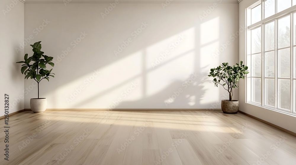 Poster Bright and Airy Empty Room with Sunlight Streaming Through Large Windows : Generative AI
