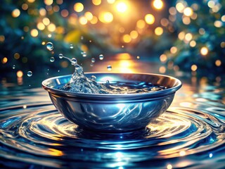 Swirling water, captured in a silver bowl, forms an abstract bokeh masterpiece â€“ liquid...