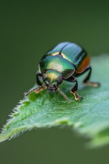 Naklejka premium Close-Up of Colorful Beetle Crawling on Leaf with Intricate Details : Generative AI