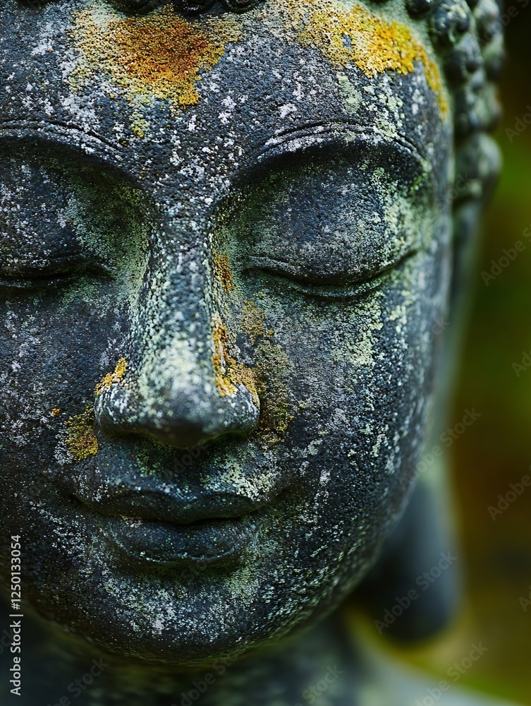 Poster intricate detail of a serene buddha statue covered in patina and moss textures : generative ai