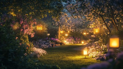 Fototapeta premium Spring twilight garden with glowing lanterns Description Копировать Редактировать 