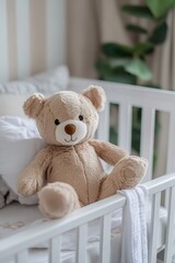 Cute teddy bear sitting inside a baby's crib surrounded by soft decor : Generative AI