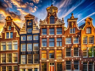 Fototapeta premium Amsterdam Canal House Facade, Neck Gable, Close-up Panoramic, Netherlands
