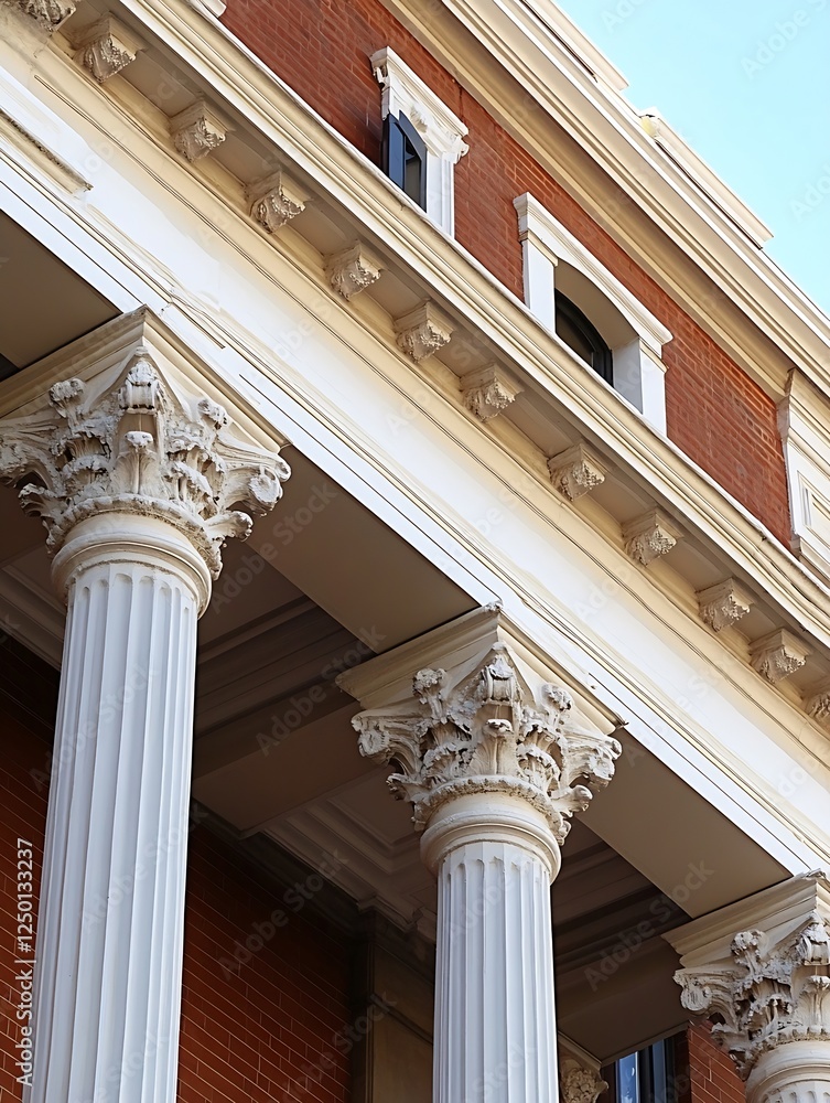 Poster elegant architectural details of classical columns on a historic building against a blue sky : gener