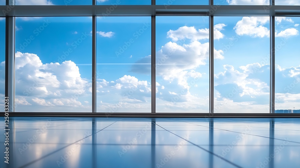 Poster Bright Spacious Modern Office with Sky and Clouds Reflected in Large Windows : Generative AI
