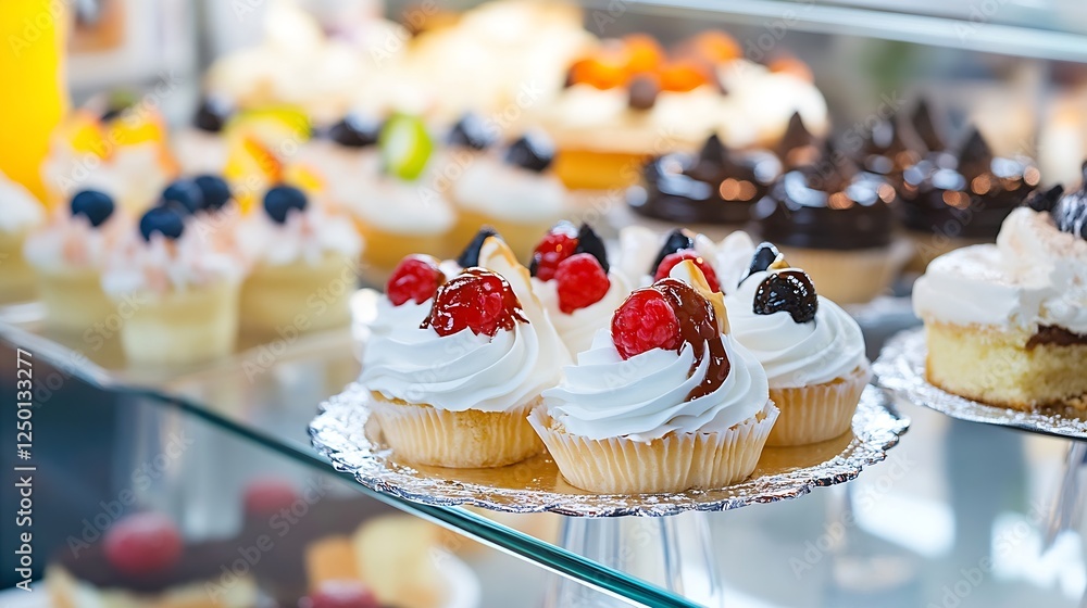 Poster delicious cupcakes with fresh berries and cream topping displayed in a bakery showcase : generative 