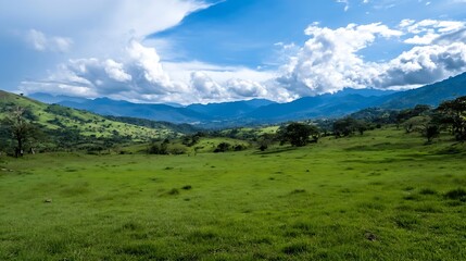 Fototapeta premium Stunning Panoramic View of Lush Green Hills and Majestic Mountains Under Bright Blue Sky : Generative AI