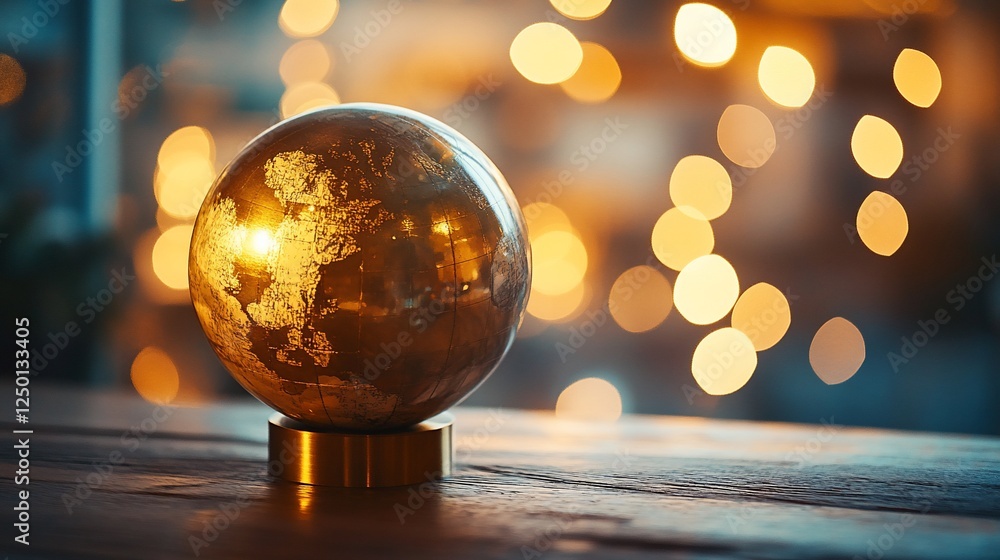 Poster illuminated globe on wooden surface with bokeh background.
