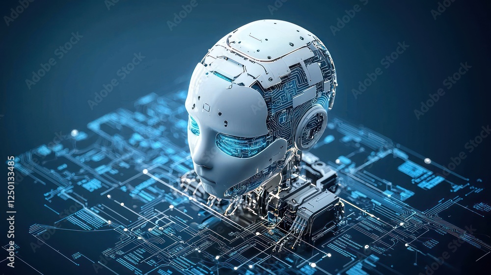 Poster a futuristic robotic head with glowing features sits atop a circuit board, representing advanced tec