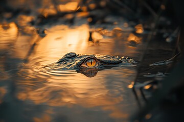 Close-up of a crocodile's eye peering from murky water at sunset.