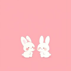 Obraz premium Two cute white bunny rabbits on pink background with copy space. Sweet minimal cartoon illustration for Easter, Valentine's Day, baby shower, birthday party, kids room decor