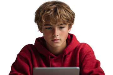Focused teenager engaging with technology, learning online in a cozy environment. Ideal for themes of education, youth, and modern living.