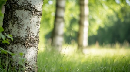 Obraz premium Peaceful Birch Trees Standing Tall in a Lush Meadow Under Gentle Natural Light : Generative AI