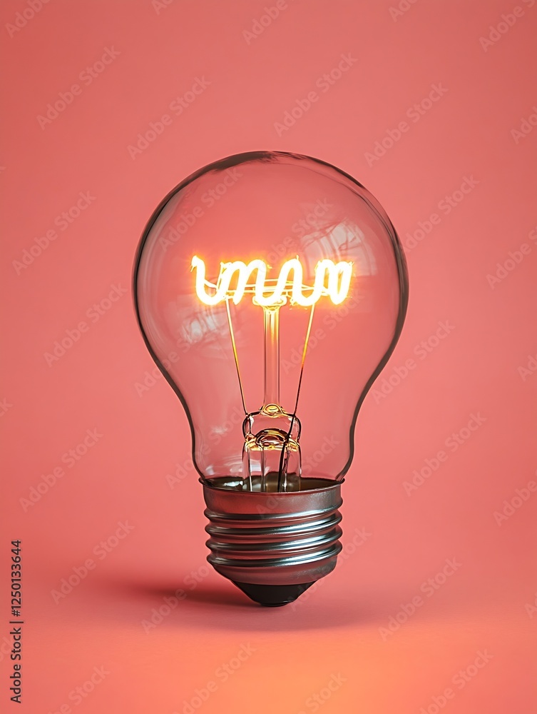 Poster vintage light bulb with neon filament glowing against a soft coral background : generative ai