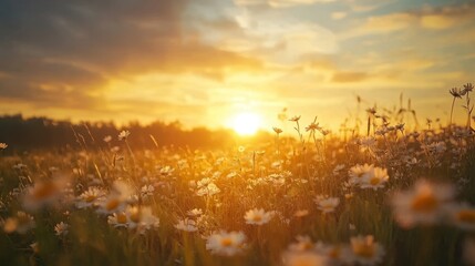 Fototapeta premium Serene Wildflower Meadow at Sunset - Tranquil Nature Landscape with Blooming Flowers