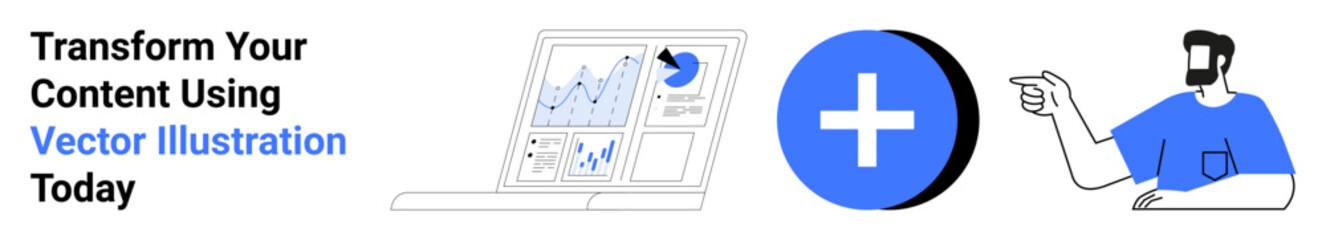 Laptop showing data charts, a blue circle with a plus sign, and a man pointing right. Ideal for tech, education, business analysis, marketing, creative design, collaboration flat landing page banner
