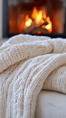 Cozy knitted throw by fireplace