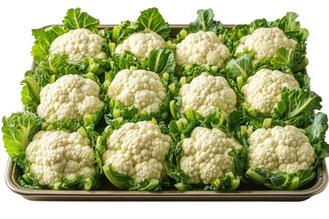 Fototapeta premium Fresh, vibrant cauliflower heads arranged neatly, showcasing their green leaves. Ideal for healthy cooking and farm-to-table culinary inspiration.