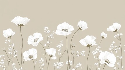 Minimalist Floral Background with Hand-Drawn Botanical Elements in Fine Line Art, Subtle Beige and White Color Palette, Clean and Sophisticated Aesthetic