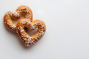 Heart shaped pretzels with sesame seeds on white background with copy space. Traditional German baked treats for Oktoberfest, Valentine day, Love day, Anniversary